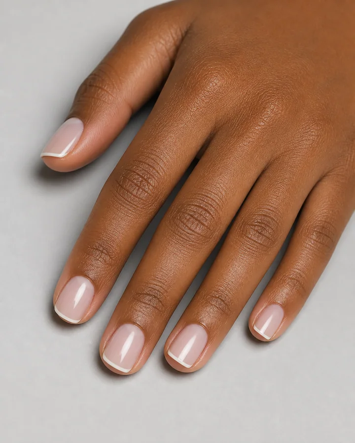 Milky micro French manicure on short squoval nails