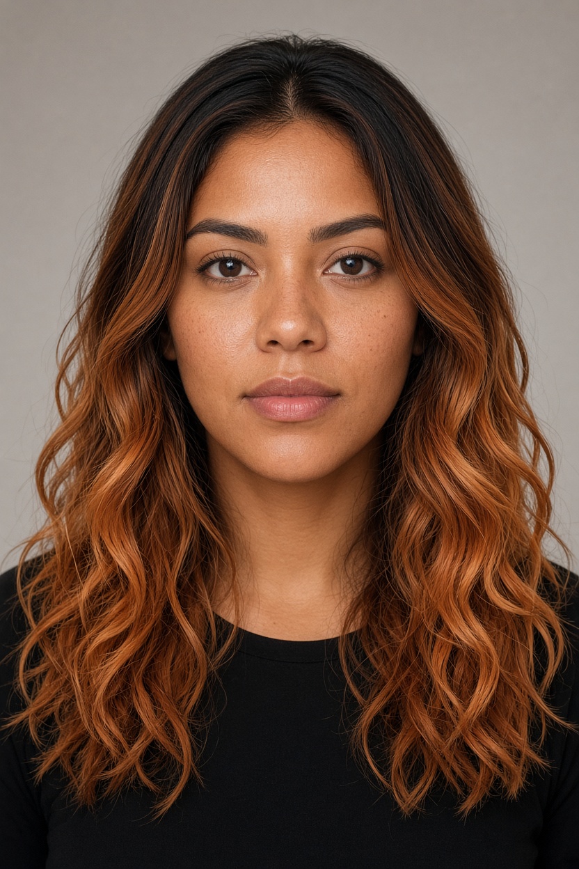 Copper balayage on wavy hair